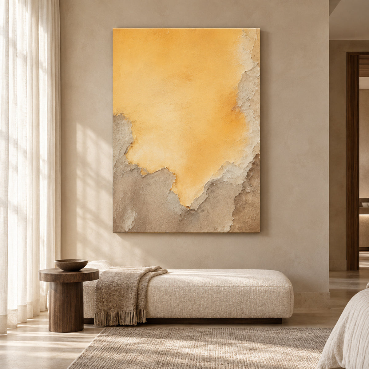 Golden Ochre Abstract Canvas Art with Organic Neutral Texture