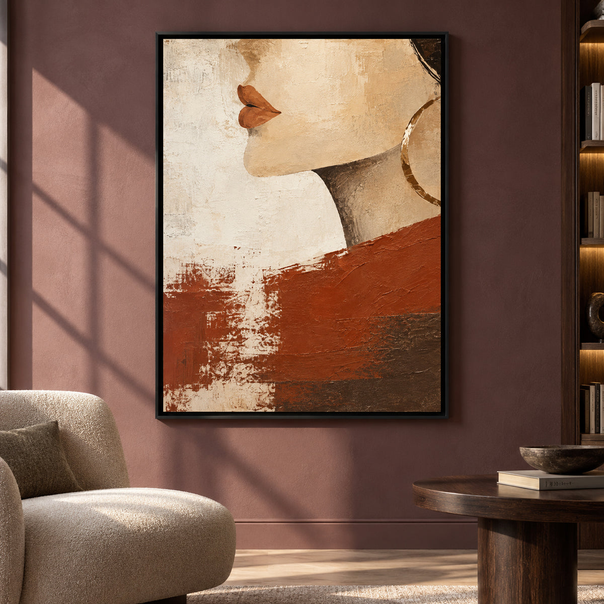 Modern Woman Portrait Canvas Art with Earthy Terracotta Tones