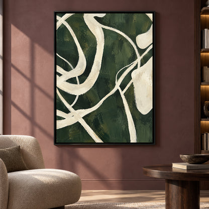 Deep Green Abstract Canvas Art with Flowing Ivory Lines