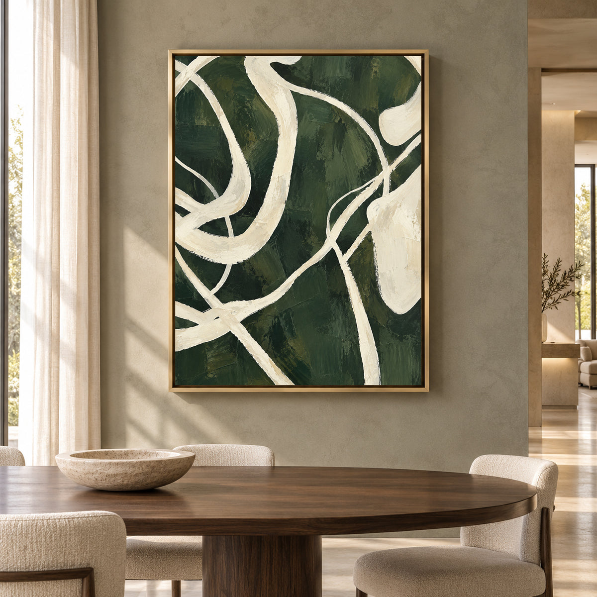Deep Green Abstract Canvas Art with Flowing Ivory Lines