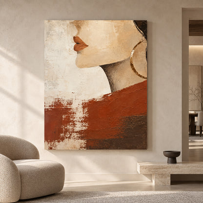 Modern Woman Portrait Canvas Art with Earthy Terracotta Tones