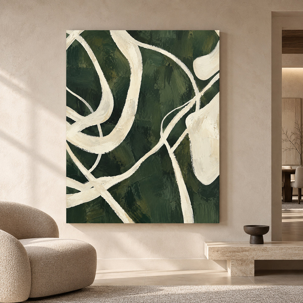 Deep Green Abstract Canvas Art with Flowing Ivory Lines