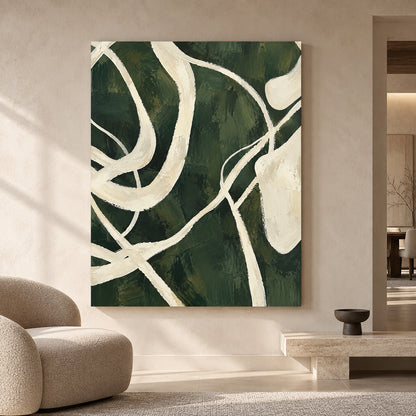 Deep Green Abstract Canvas Art with Flowing Ivory Lines