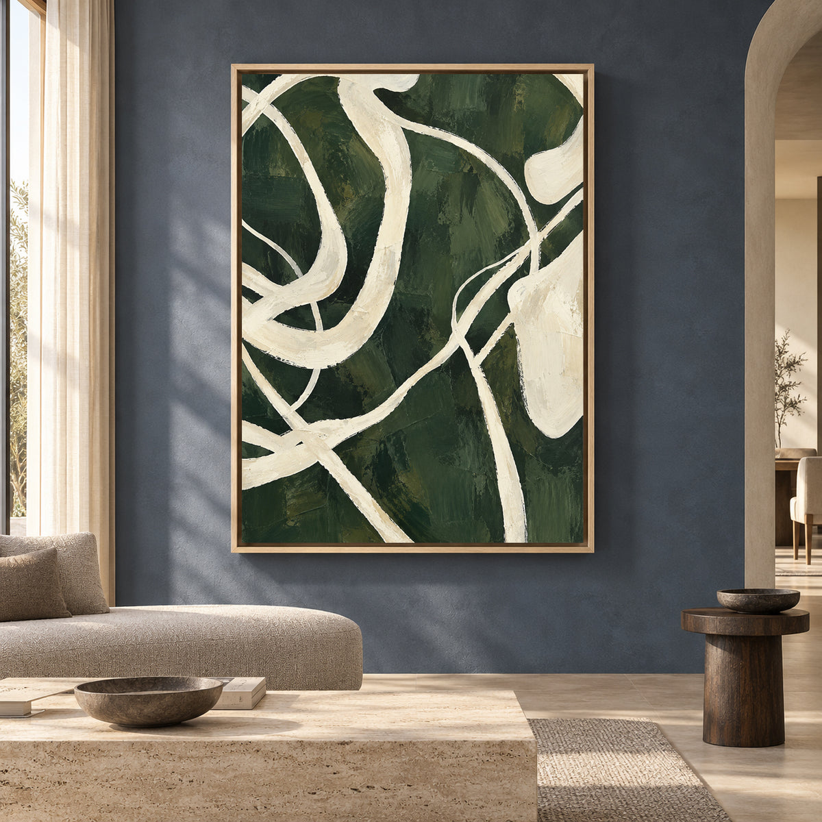 Deep Green Abstract Canvas Art with Flowing Ivory Lines