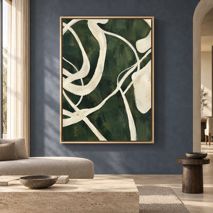 Deep Green Abstract Canvas Art with Flowing Ivory Lines
