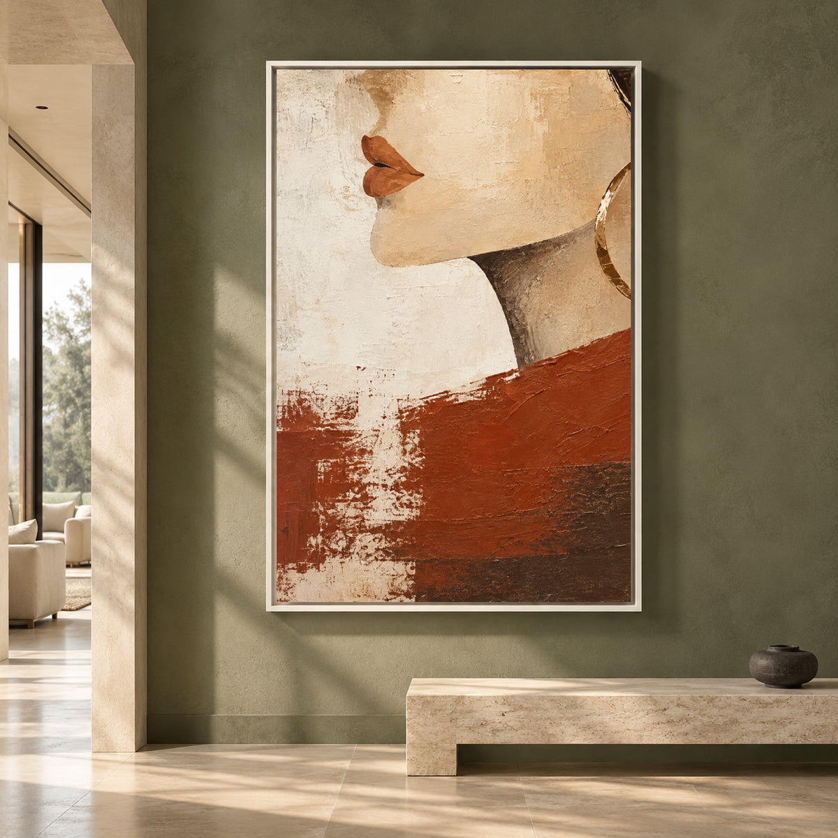 Modern Woman Portrait Canvas Art with Earthy Terracotta Tones