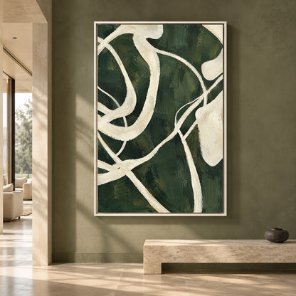 Deep Green Abstract Canvas Art with Flowing Ivory Lines