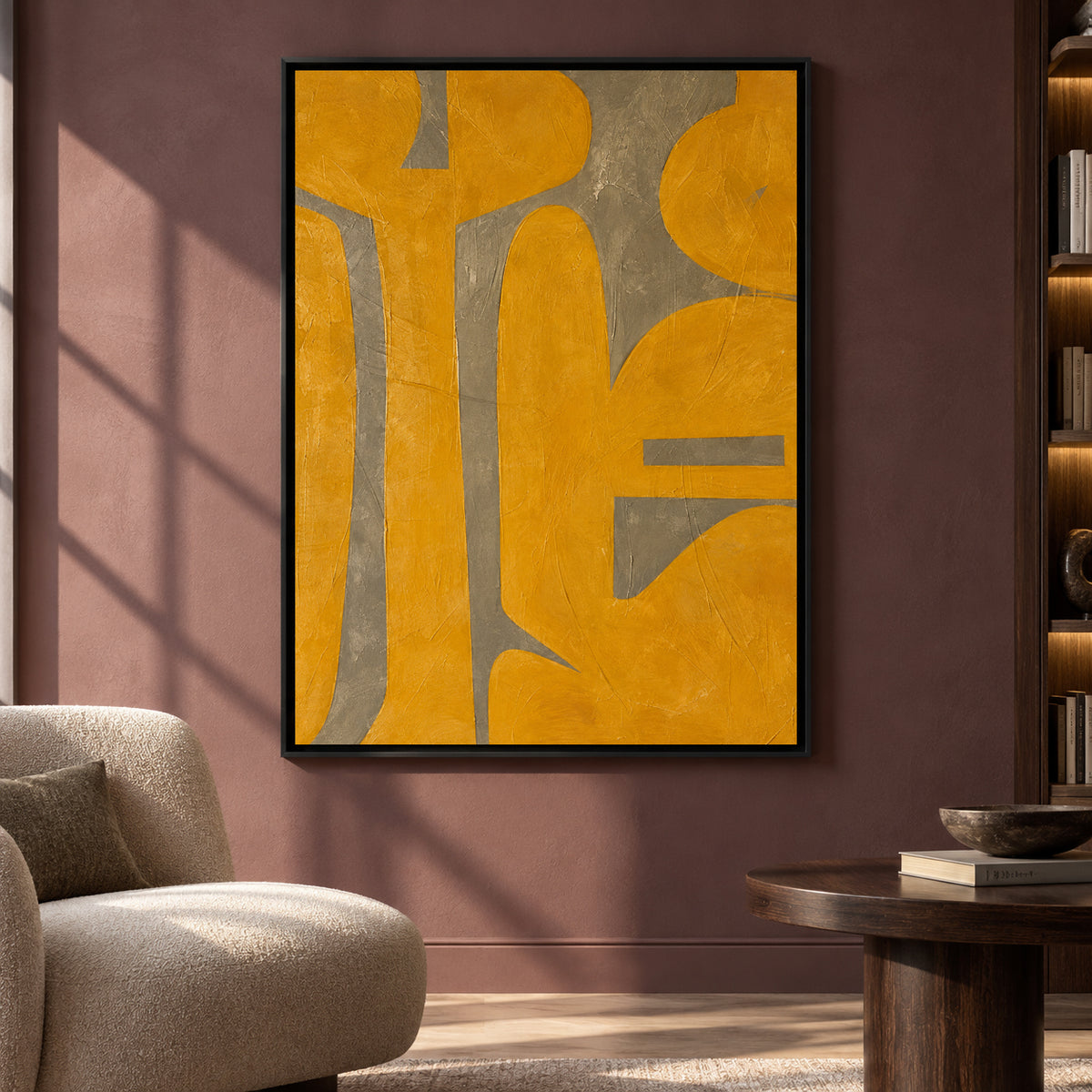 Mustard Yellow Abstract Canvas Art with Modern Organic Forms