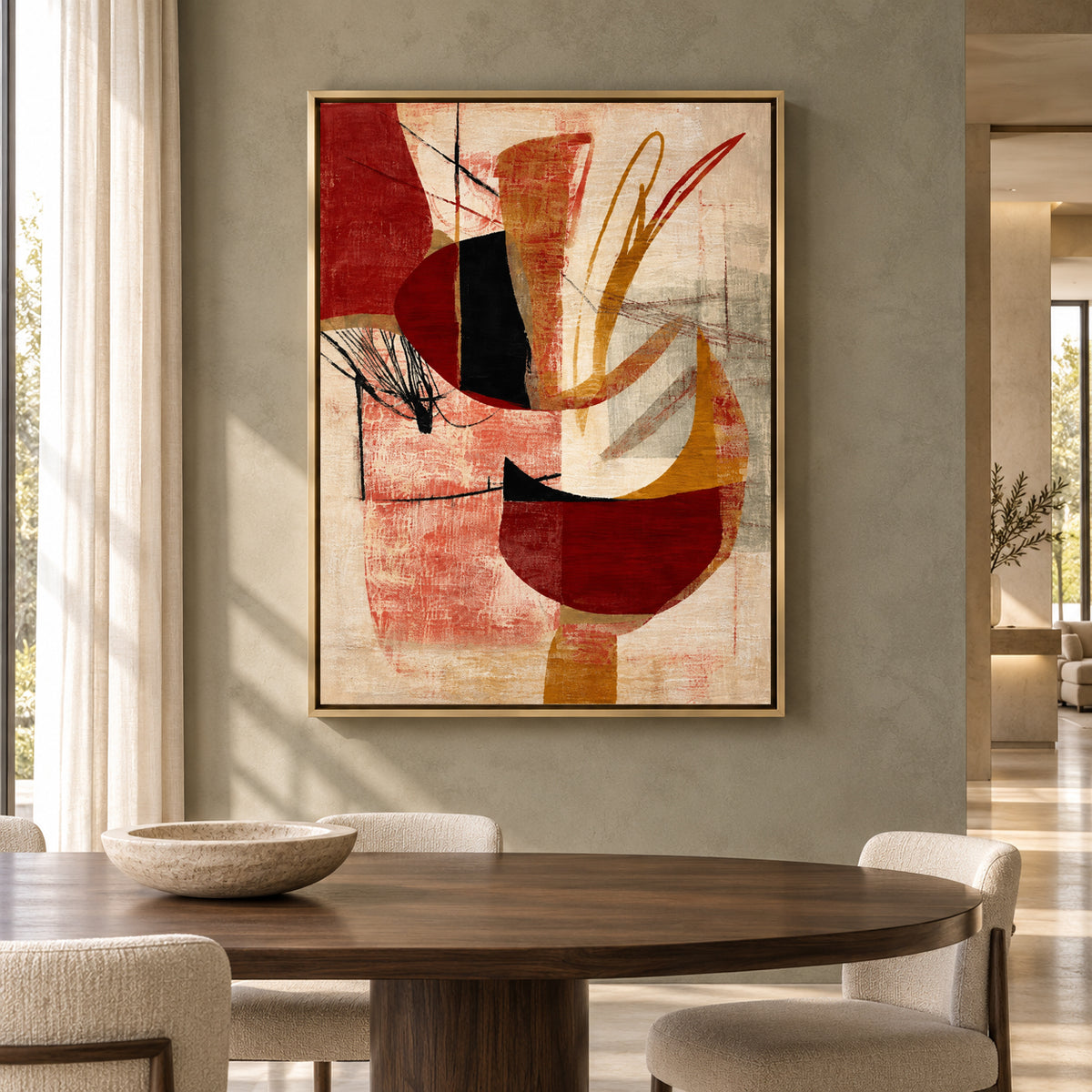Modern Geometric Canvas Art in Red Ochre and Black