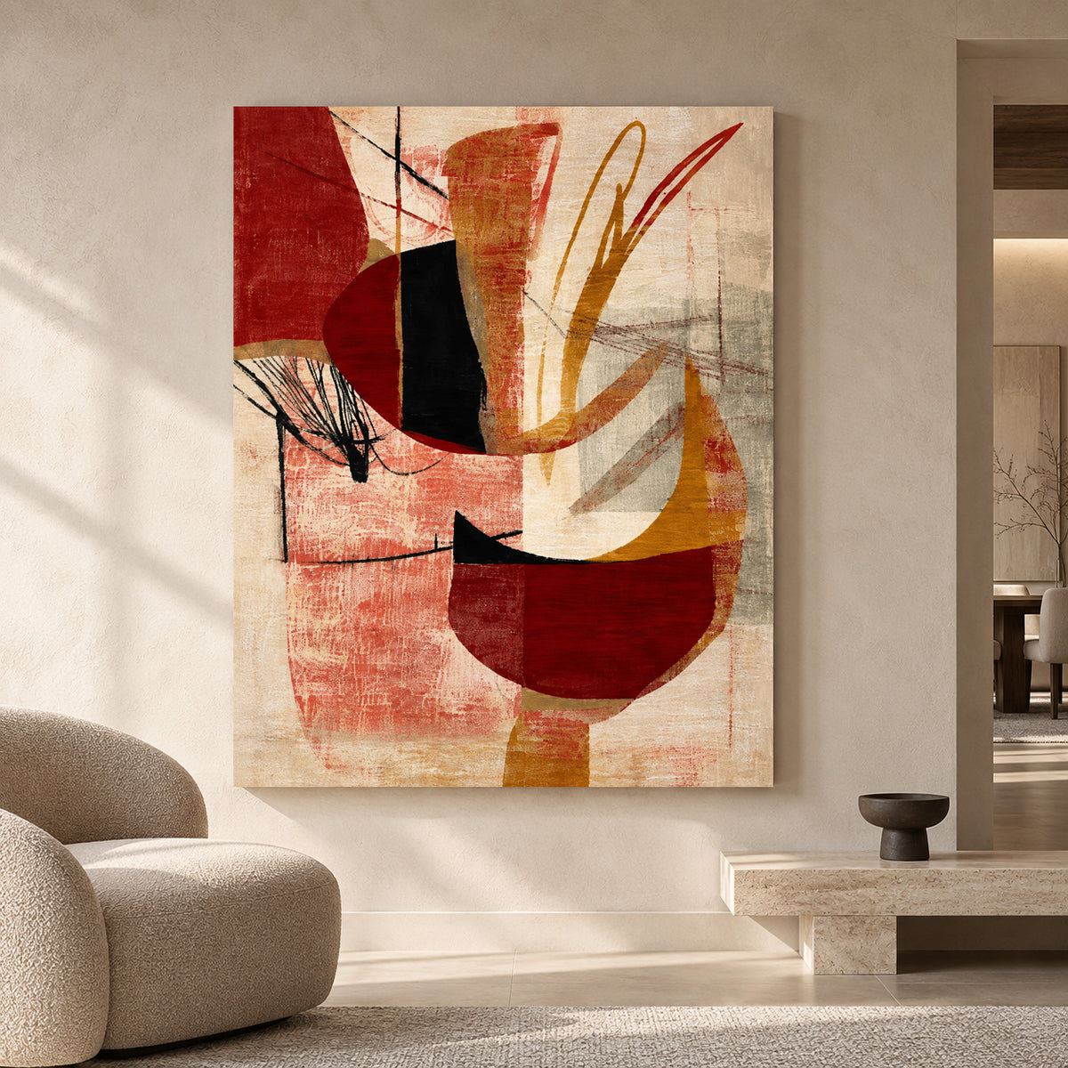 Modern Geometric Canvas Art in Red Ochre and Black