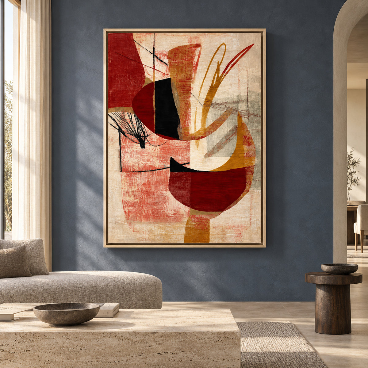 Modern Geometric Canvas Art in Red Ochre and Black