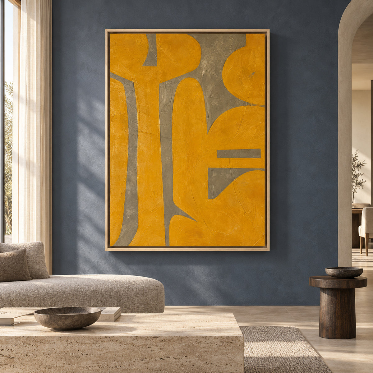 Mustard Yellow Abstract Canvas Art with Modern Organic Forms