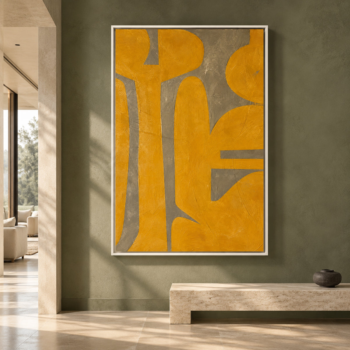 Mustard Yellow Abstract Canvas Art with Modern Organic Forms