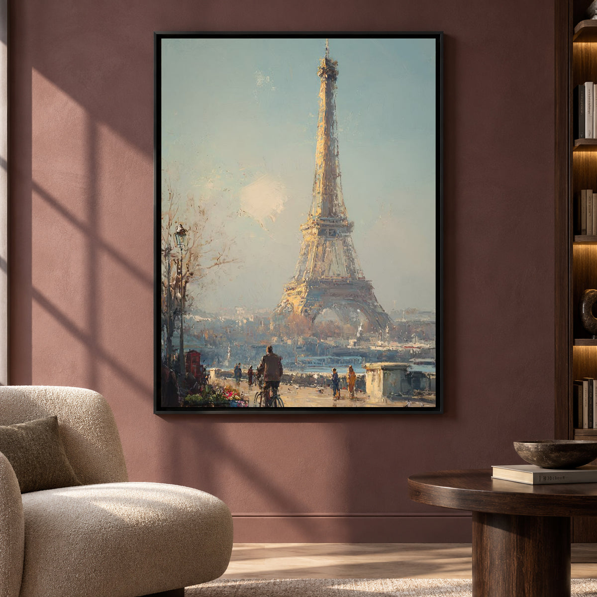 Eiffel Tower Paris Canvas Art in Soft Blue and Warm Neutrals