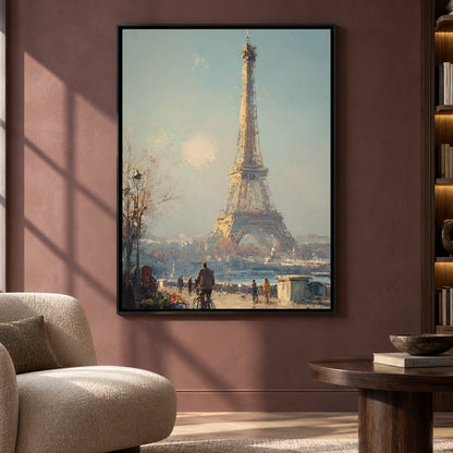 Eiffel Tower Paris Canvas Art in Soft Blue and Warm Neutrals