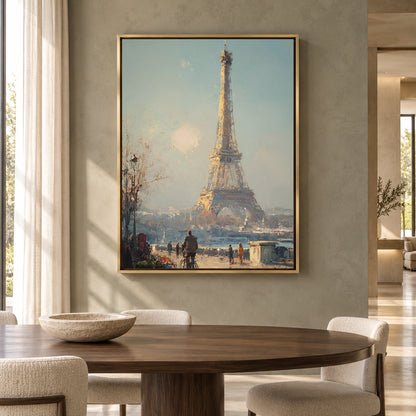 Eiffel Tower Paris Canvas Art in Soft Blue and Warm Neutrals
