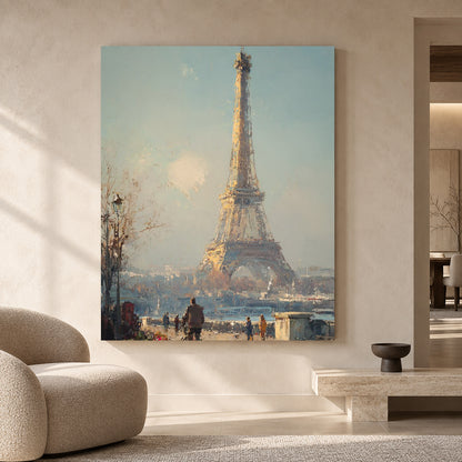 Eiffel Tower Paris Canvas Art in Soft Blue and Warm Neutrals