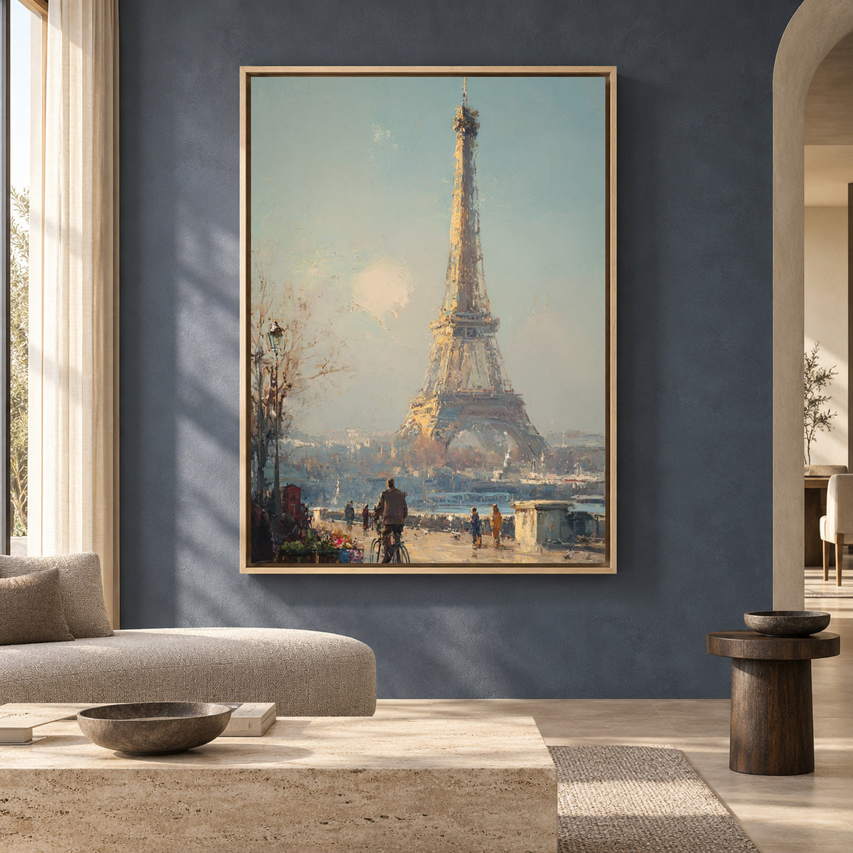 Eiffel Tower Paris Canvas Art in Soft Blue and Warm Neutrals