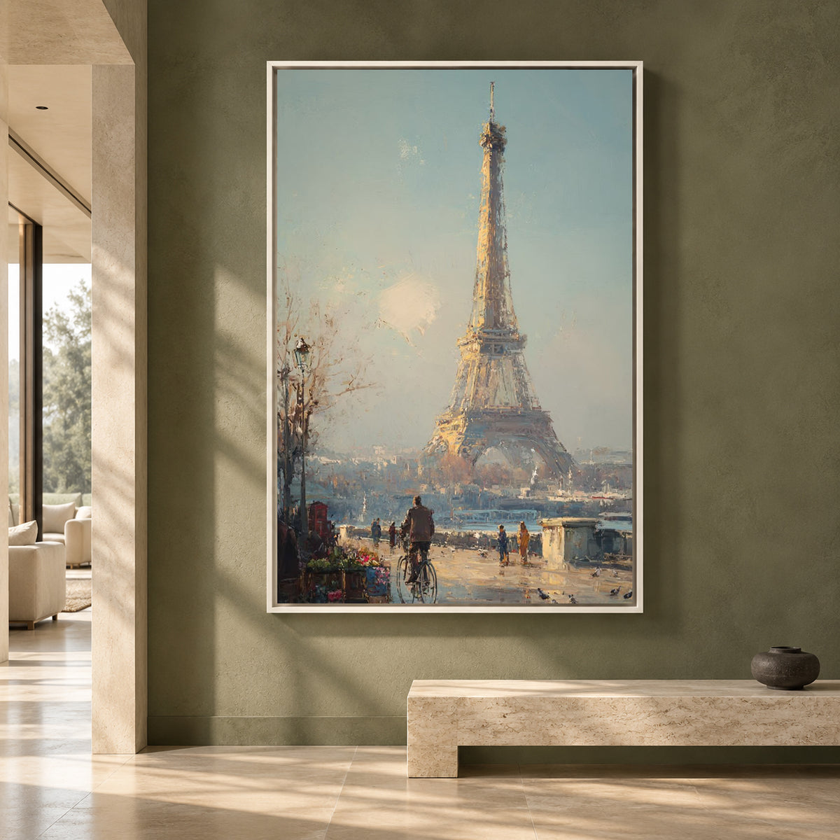 Eiffel Tower Paris Canvas Art in Soft Blue and Warm Neutrals