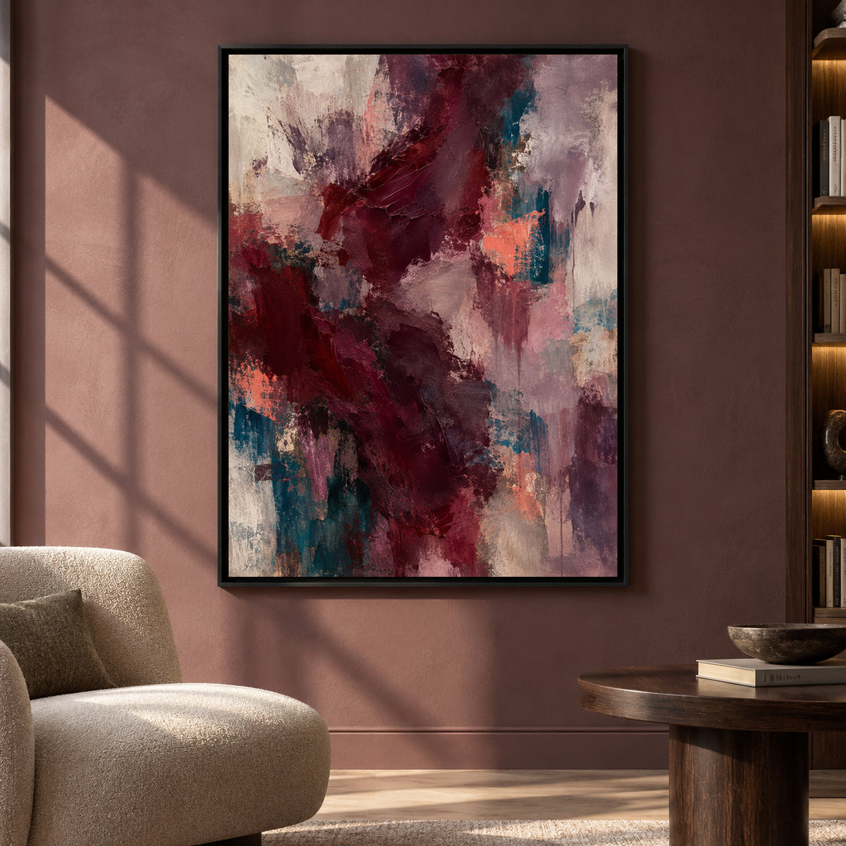 Burgundy Abstract Canvas Art with Plum and Teal Accents