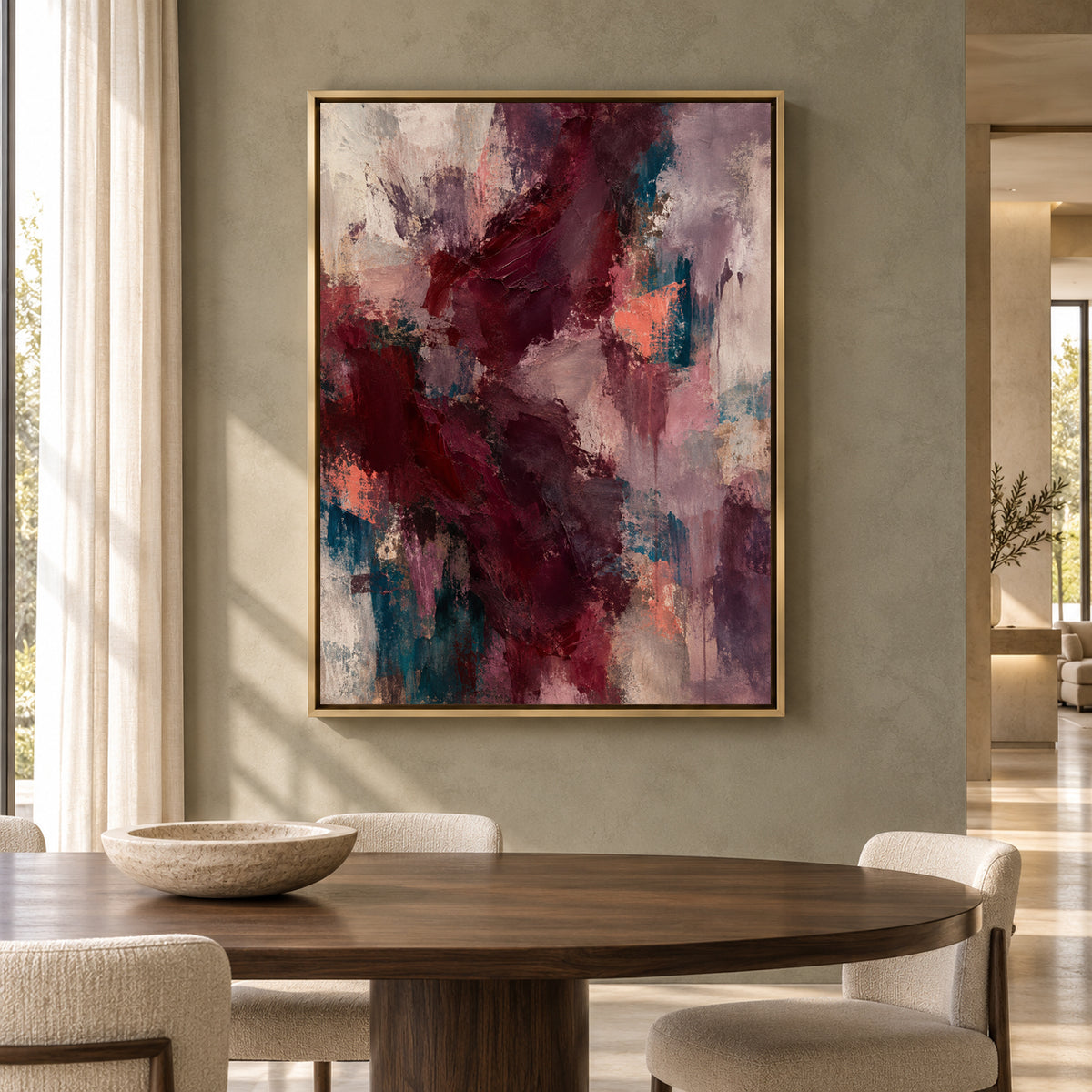 Burgundy Abstract Canvas Art with Plum and Teal Accents