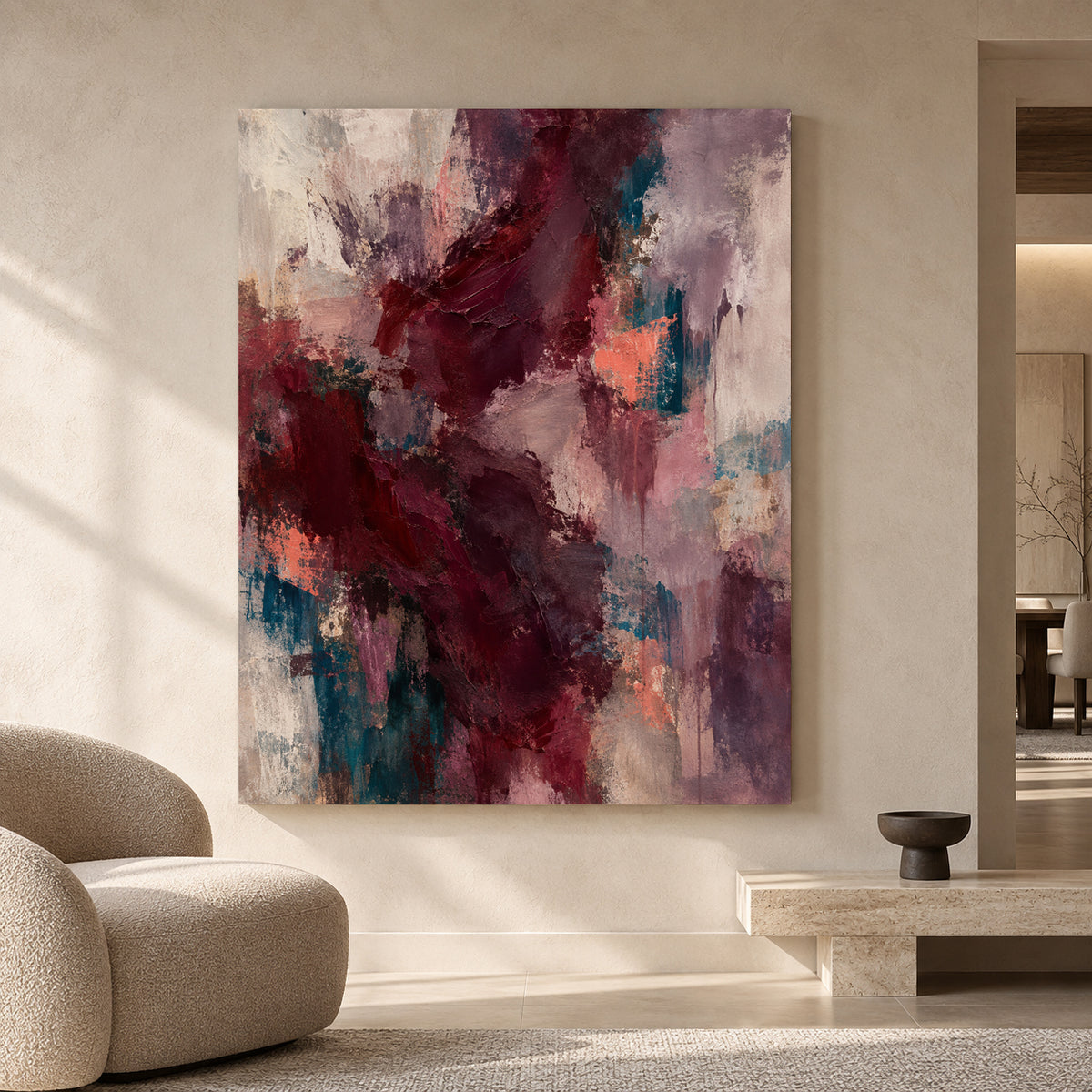 Burgundy Abstract Canvas Art with Plum and Teal Accents