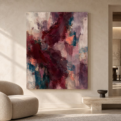 Burgundy Abstract Canvas Art with Plum and Teal Accents