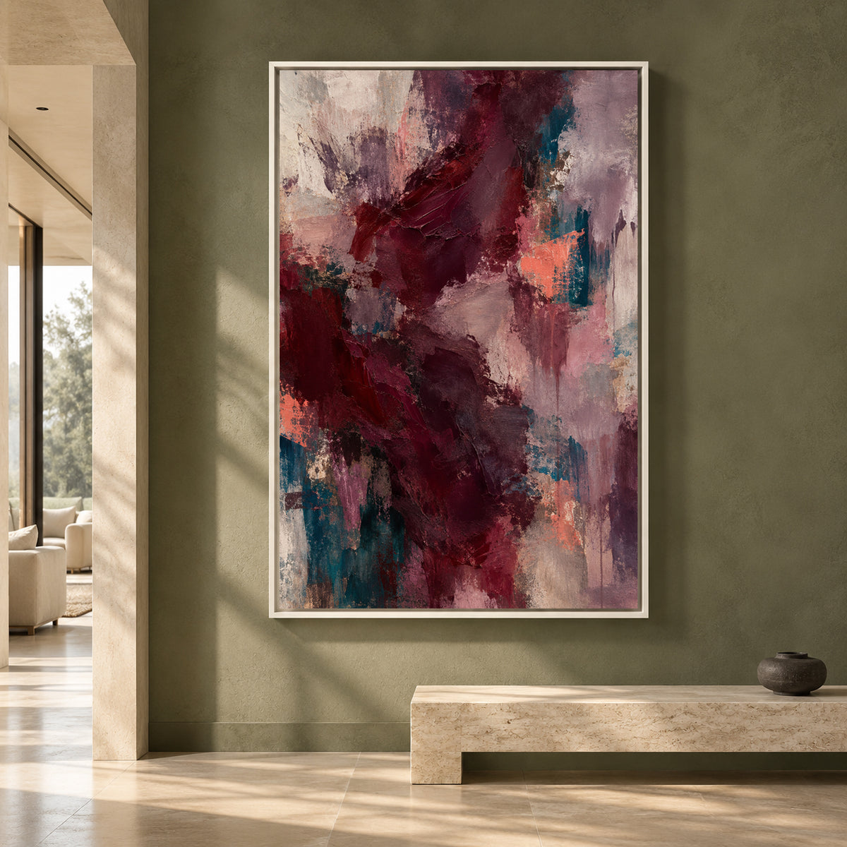 Burgundy Abstract Canvas Art with Plum and Teal Accents