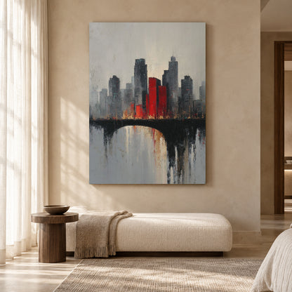 Modern City Skyline Canvas Art with Red Architectural Accents