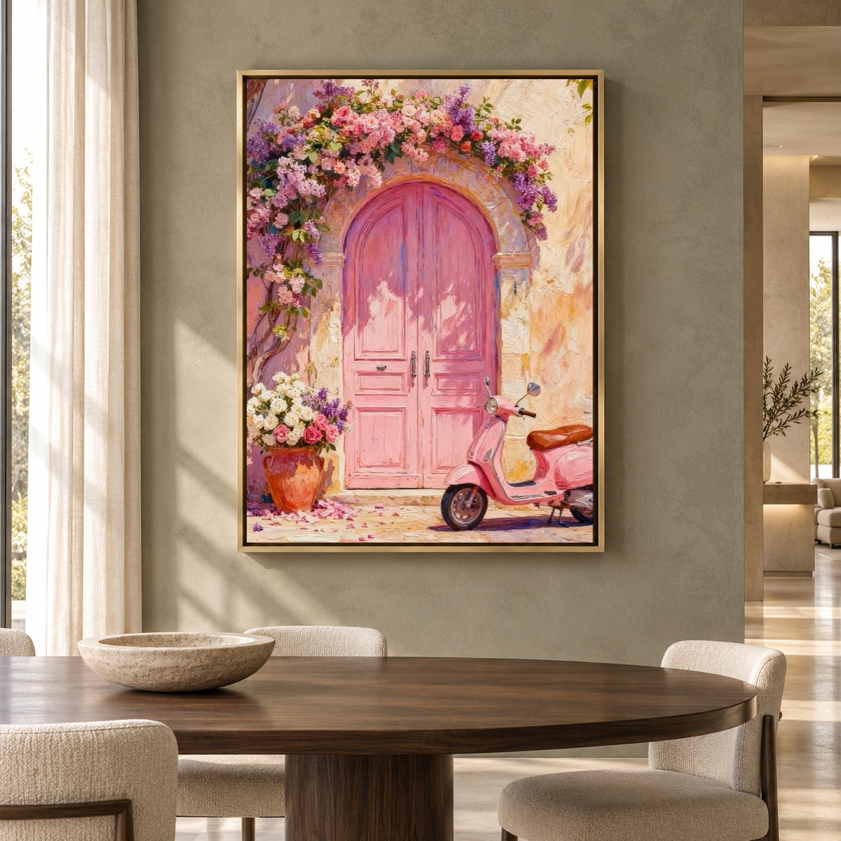 Pink Door Mediterranean Canvas Art with Flowers and Vintage Scooter