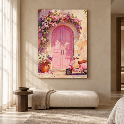 Pink Door Mediterranean Canvas Art with Flowers and Vintage Scooter