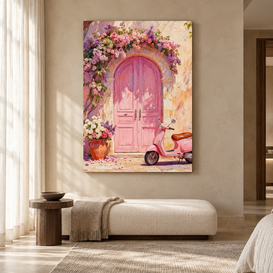 Pink Door Mediterranean Canvas Art with Flowers and Vintage Scooter