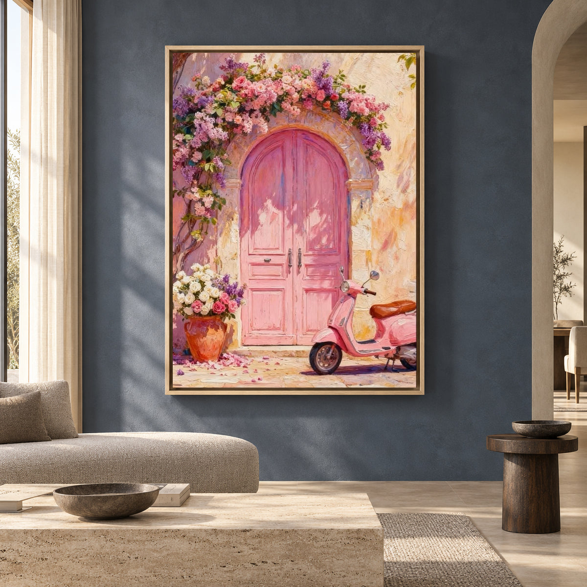 Pink Door Mediterranean Canvas Art with Flowers and Vintage Scooter
