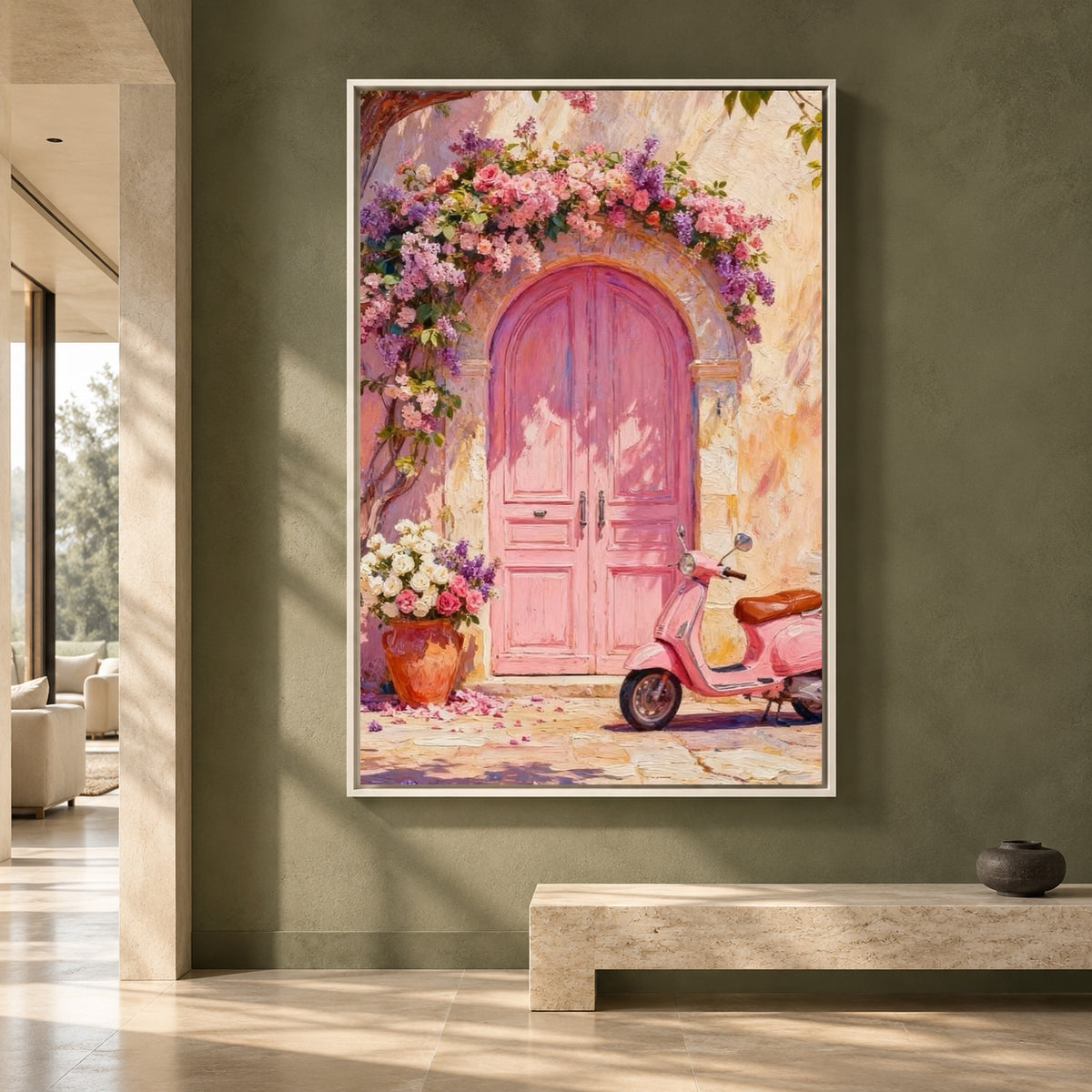 Pink Door Mediterranean Canvas Art with Flowers and Vintage Scooter