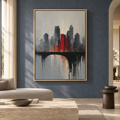 Modern City Skyline Canvas Art with Red Architectural Accents