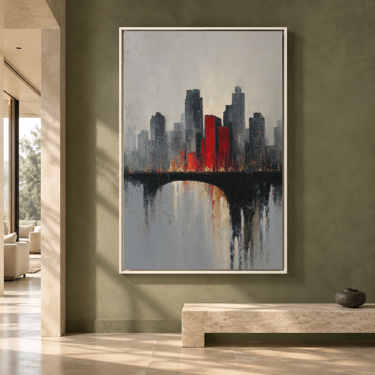 Modern City Skyline Canvas Art with Red Architectural Accents