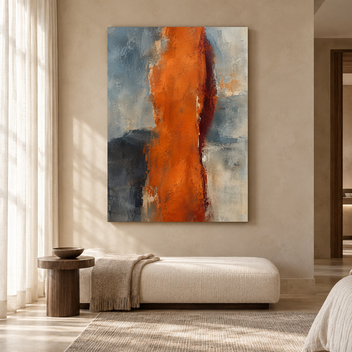 Burnt Orange Abstract Canvas Art with Slate Blue and Grey