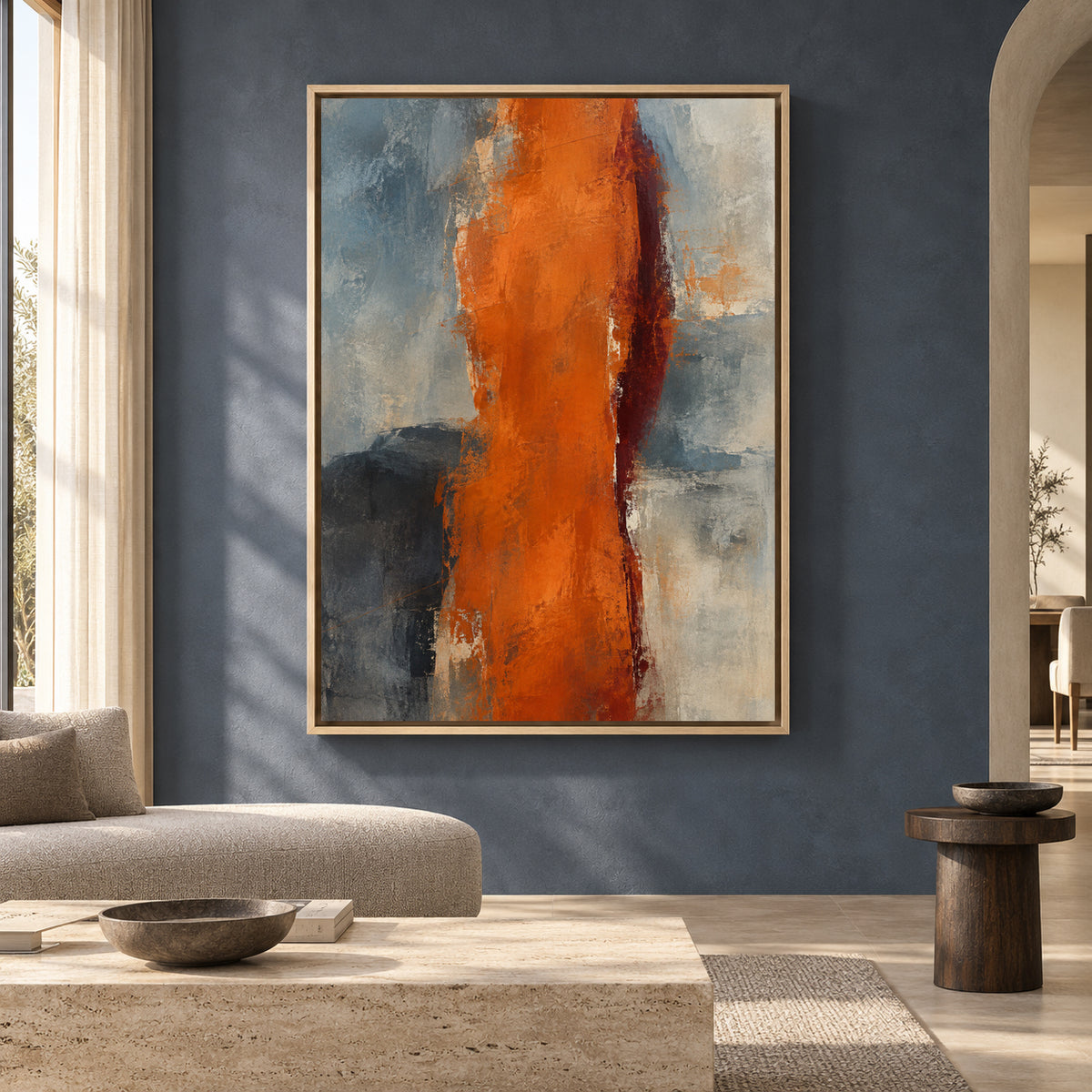 Burnt Orange Abstract Canvas Art with Slate Blue and Grey
