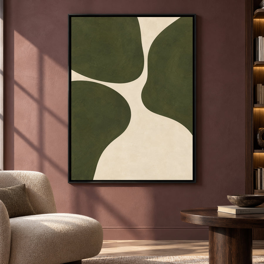 Olive Green Minimalist Abstract Canvas Art with Organic Forms