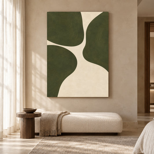 Olive Green Minimalist Abstract Canvas Art with Organic Forms