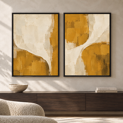 Mustard Yellow and Beige Abstract Wall Art Set of 2