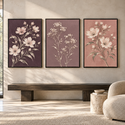 Vintage Blush Floral Canvas Wall Art Set of 3