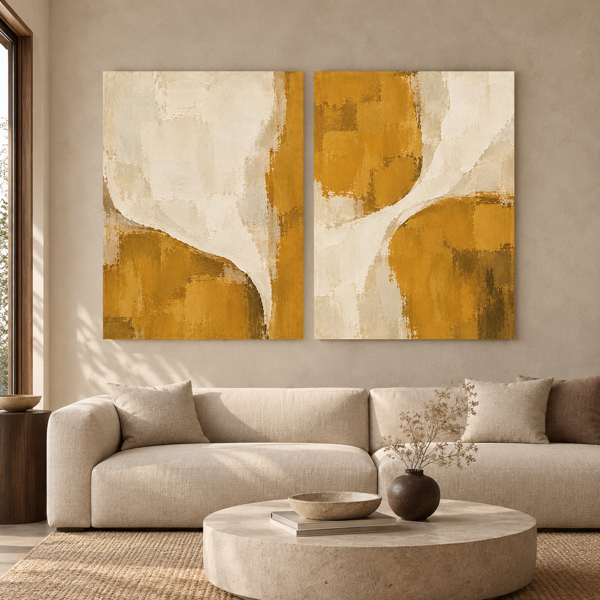 Mustard Yellow and Beige Abstract Wall Art Set of 2