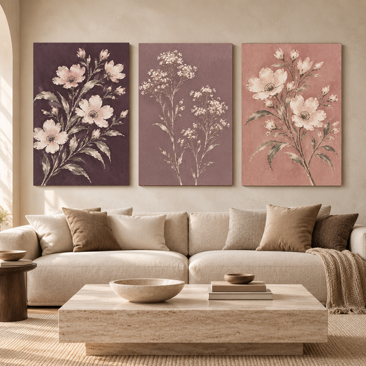 Vintage Blush Floral Canvas Wall Art Set of 3