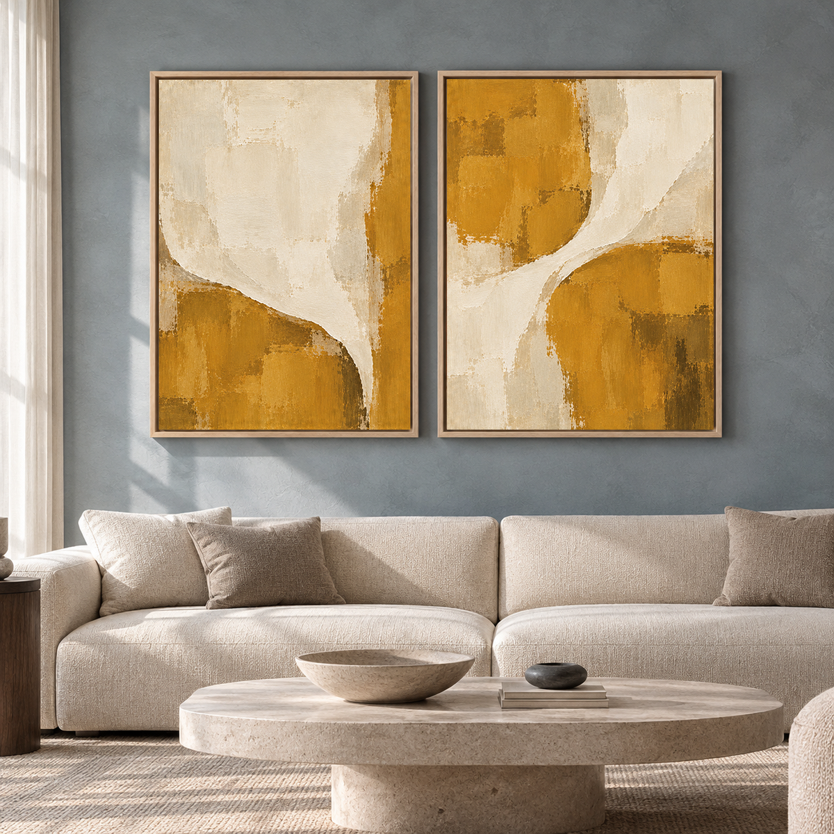 Mustard Yellow and Beige Abstract Wall Art Set of 2