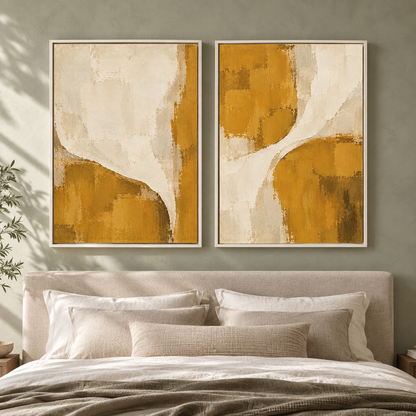 Mustard Yellow and Beige Abstract Wall Art Set of 2