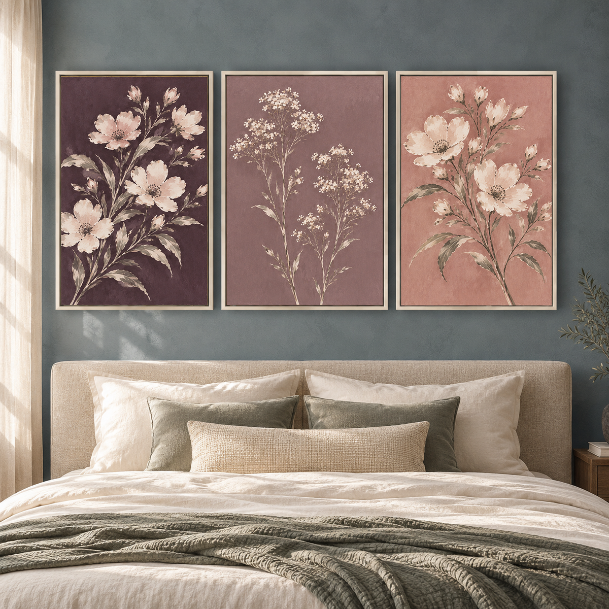 Vintage Blush Floral Canvas Wall Art Set of 3