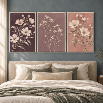 Vintage Blush Floral Canvas Wall Art Set of 3