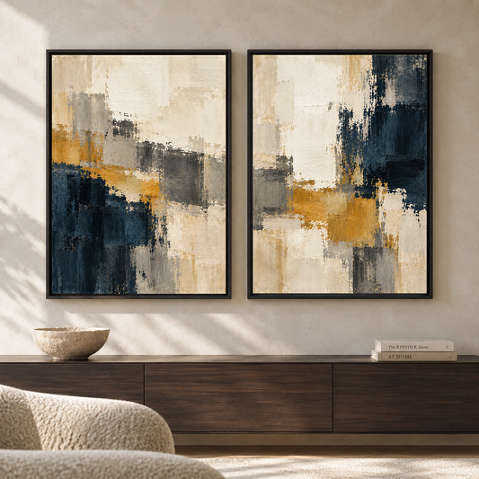 Navy Blue Mustard Abstract Wall Art Set of 2 Modern Paintings