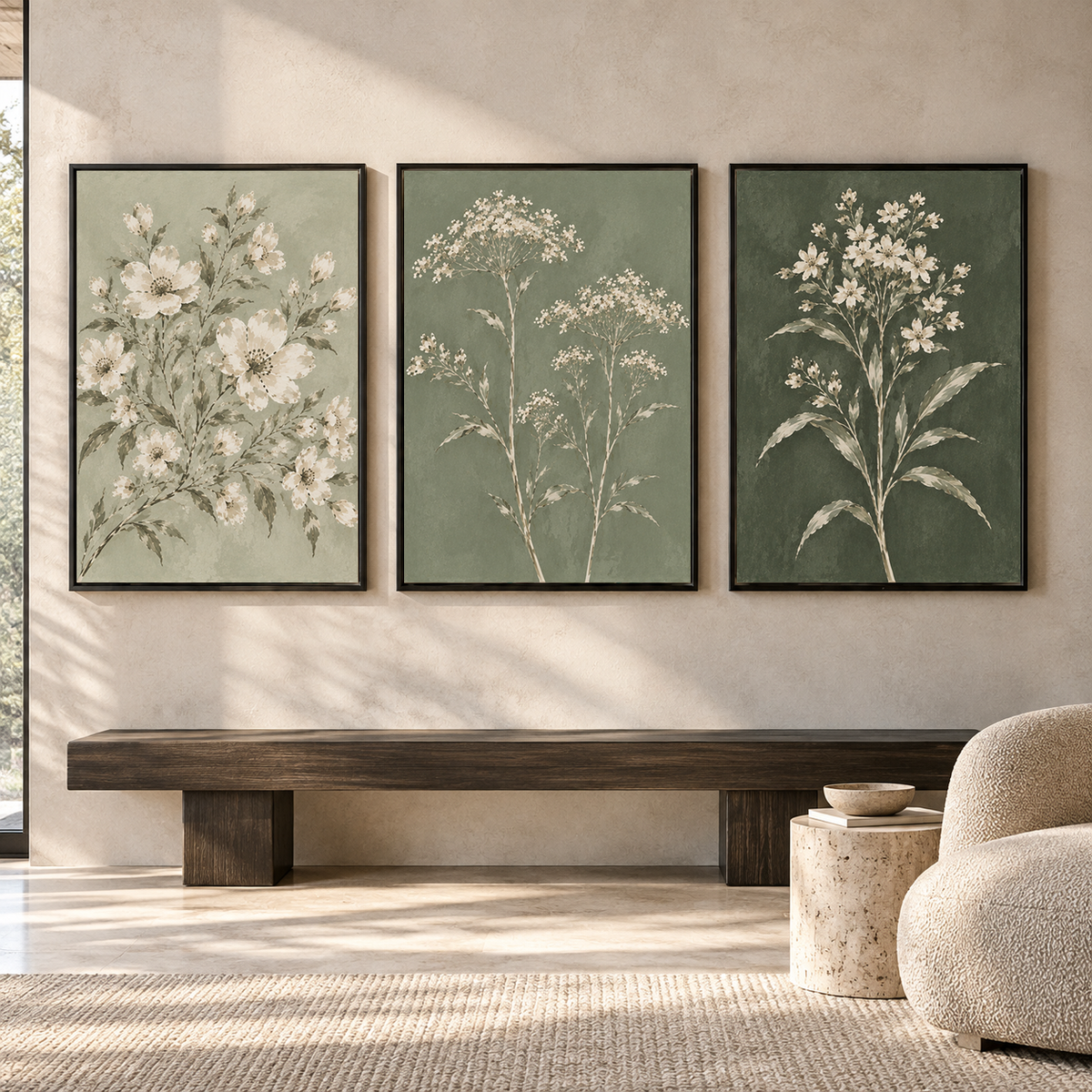 Sage Green Floral Canvas Wall Art Set of 3
